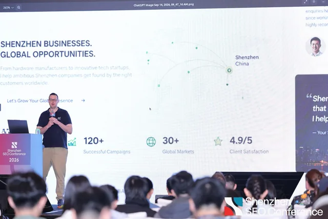 Marc Moeller presenting his GEO workshop to a seated audience at the Shenzhen SEO Conference 2026